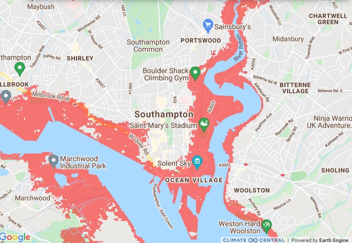 The areas of Southampton that are at serious risk of flooding by 2030, according to a map by Climate Central 