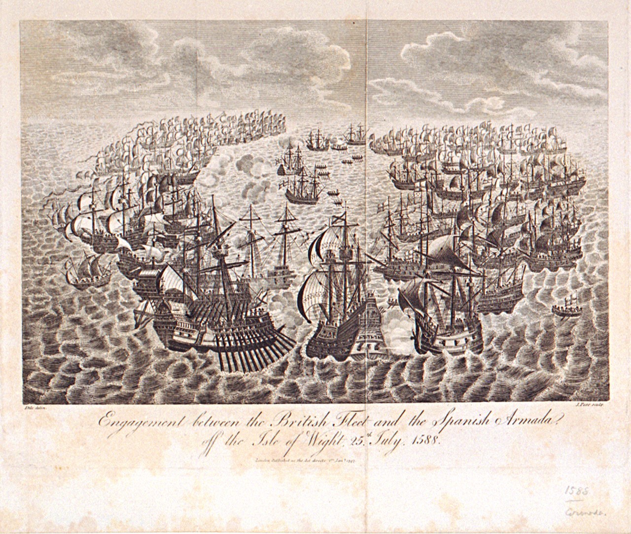 A drawing of the engagement between the Birish Fleet and the Spanish Armada off the Isle of Wight on July 25, 1588