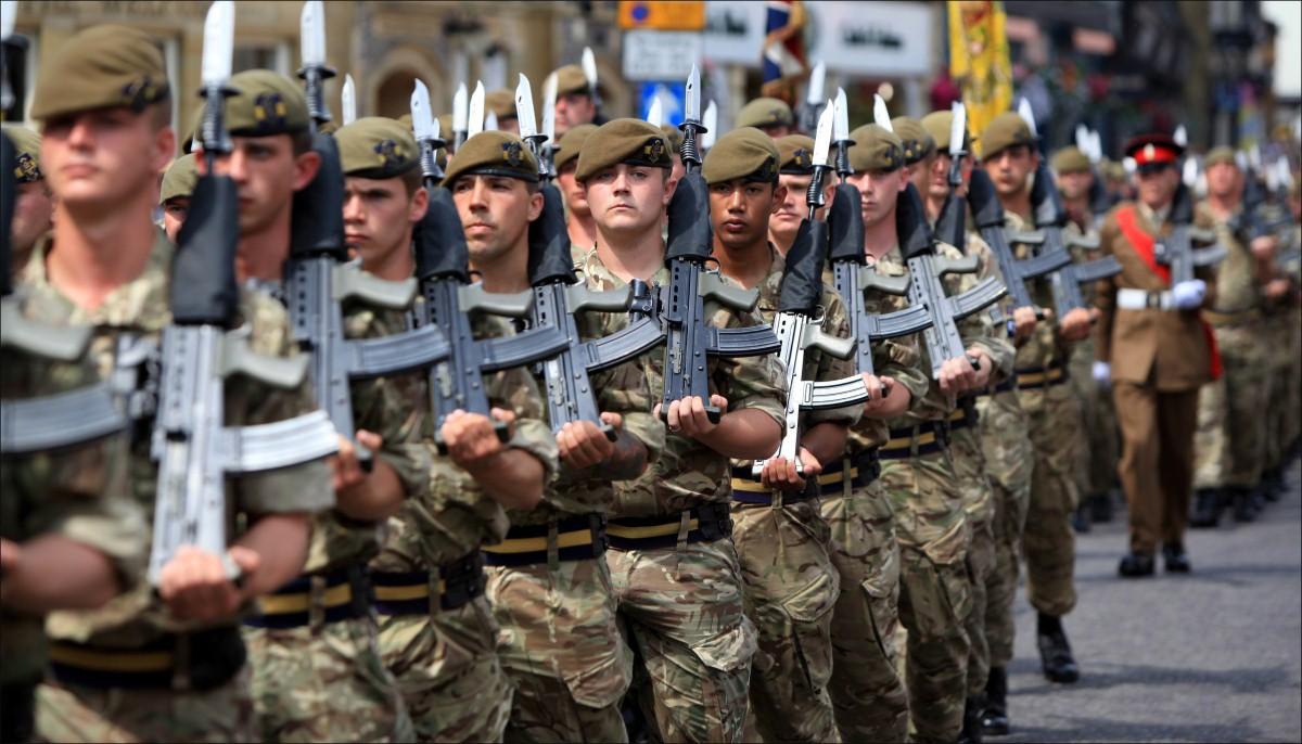 The Prince of Wales Royal Regiment march through Winchester.